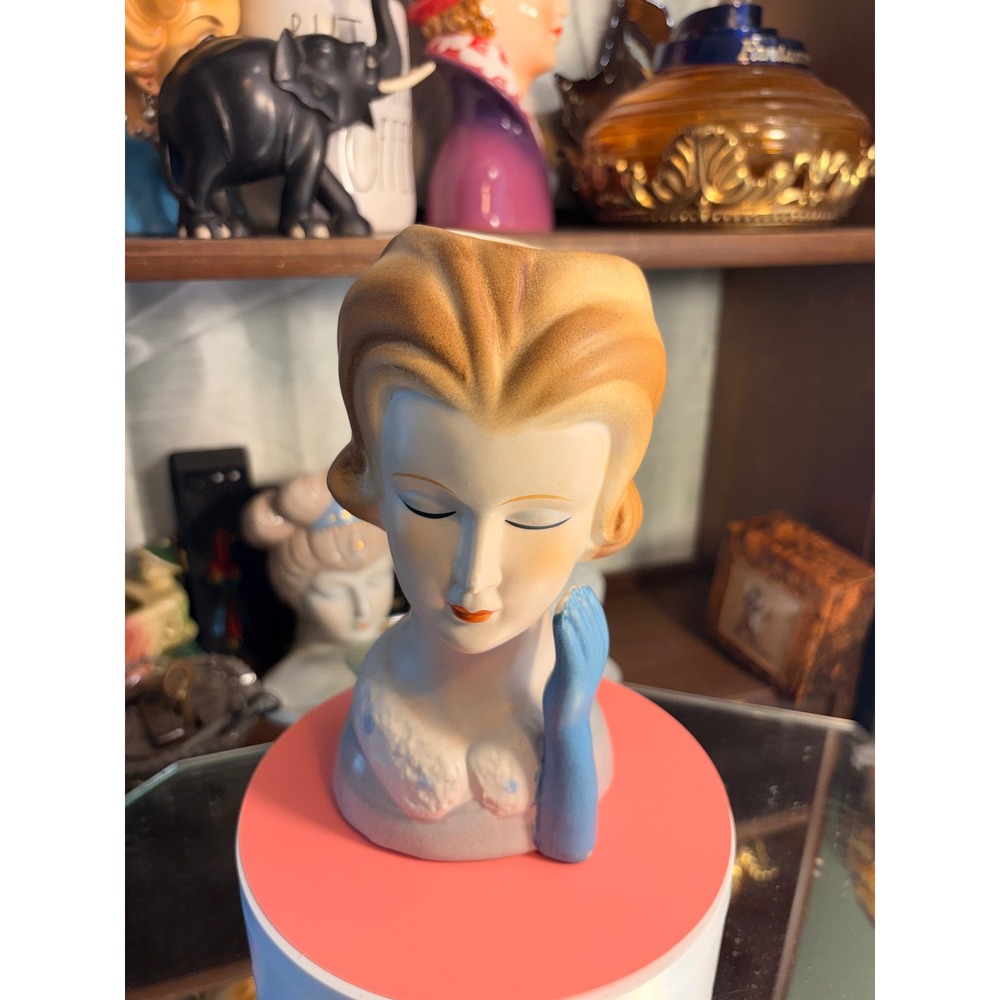 Vintage Mid Century Ceramic Lady Head Vase Blue Glove Blonde Hair 1950s Planter